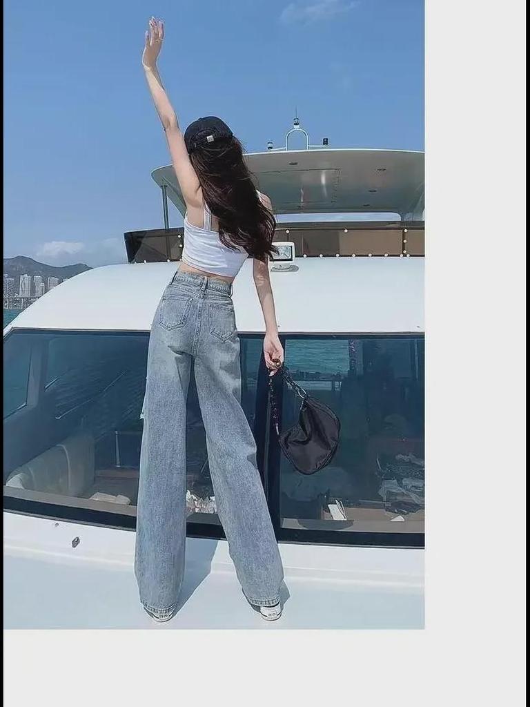 Женские узкие рваные джинсы с высокой талией - летние модные свободные широкие брюки для уборки 2023 года