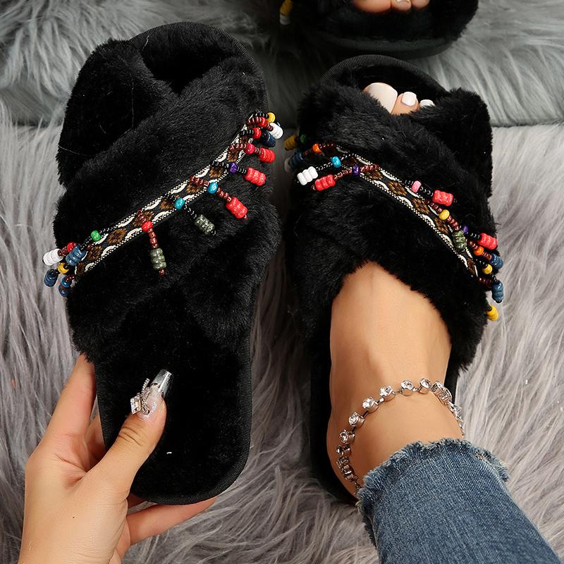 Fashion Fashion Tassel Decor Fur Slippers for Women Open Toe Cross Strap Plush Home Slippers Woman Autumn Winter Cozy Warm Fluffy Slides