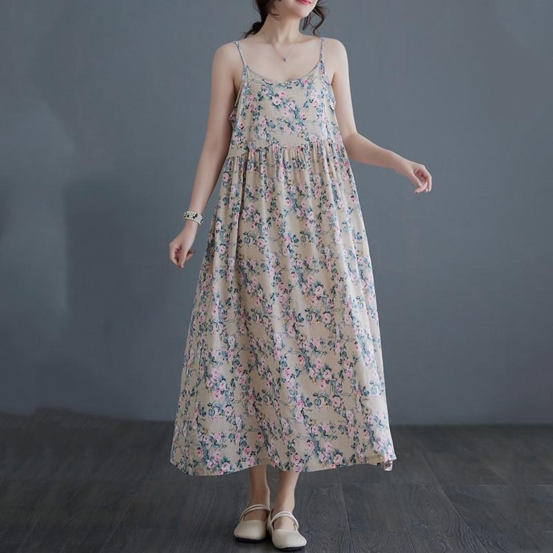 Хлопок без рукавов на бретельках больших размеров, новые винтажные платья с цветочным принтом для женщин, повседневное свободное длинное летнее платье