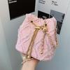 Ling Grid Chain Bucket Bag, Simple Crossbody Bag, Women's Trendy Drawstring Tassel Shoulder Bag