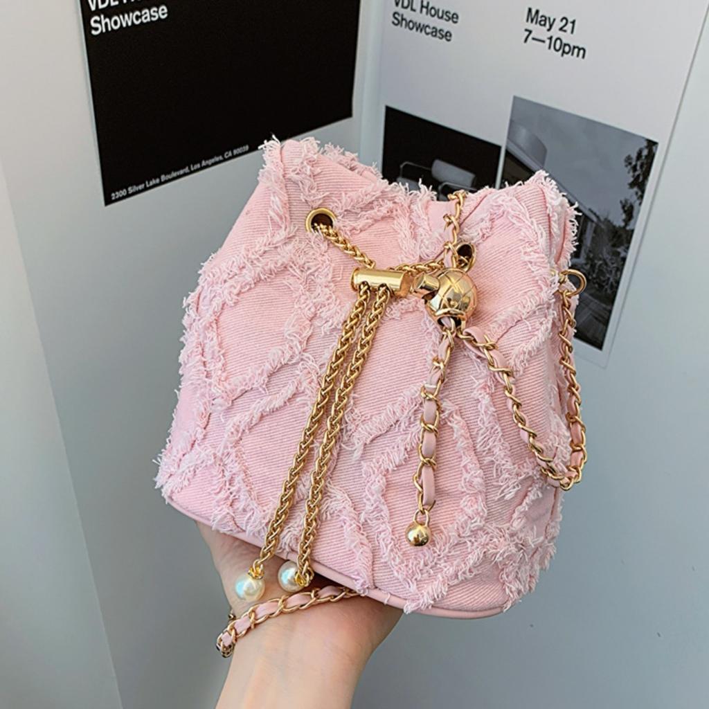 Ling Grid Chain Bucket Bag, Simple Crossbody Bag, Women's Trendy Drawstring Tassel Shoulder Bag
