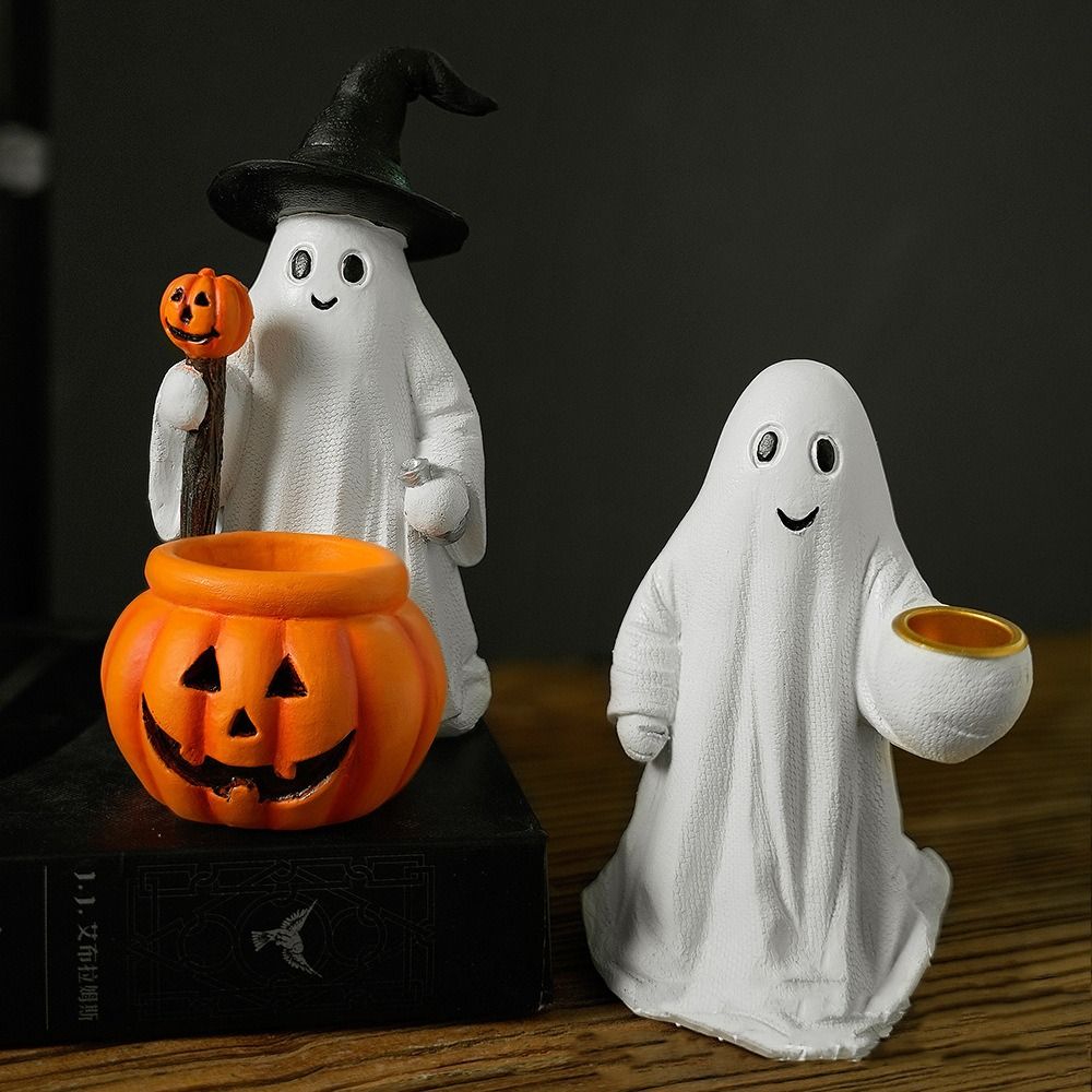 Crafts Resin Ghost Pumpkin Figurine Cute Cartoon Small Sculpture Creative Desktop Ornament Haunted House