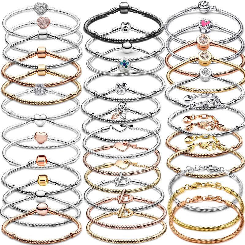 Rz Authentic 925 Sterling Silver Charm Snake Chain Bracelet Bangle Women's Romantic Party Accessories Fashion Gift