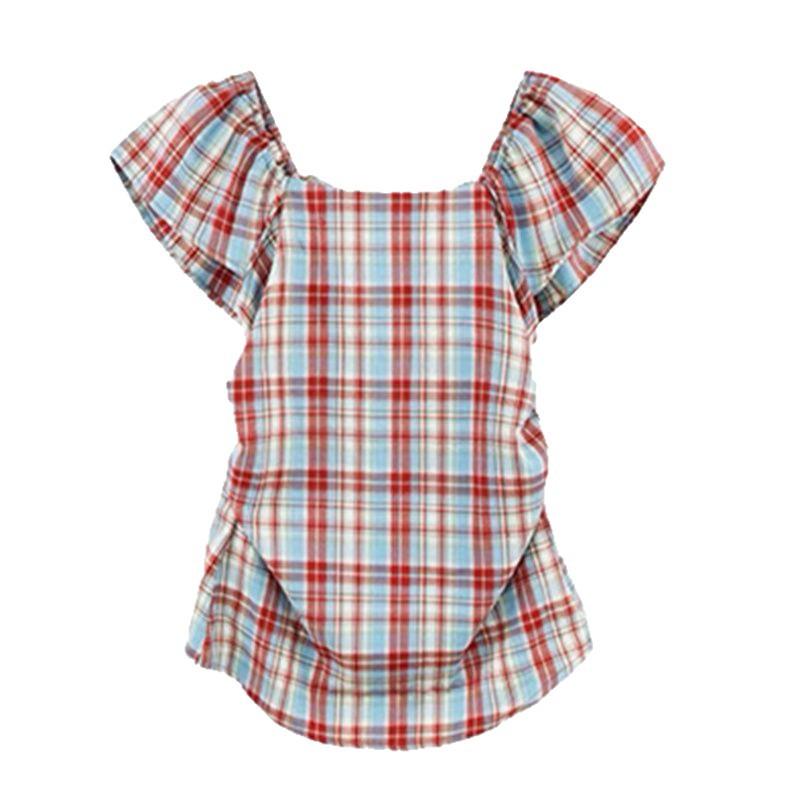 Pure desire wind one-word shoulder plaid short-sleeved shirt women's summer new waist and thin sweet Spice Girl T-shirt top