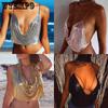 WTEMPO Party Metal Metallic Cropped Tops Women Beach Halter Corset Tops Glitter Night Club V-neck Sleeveless Tank Tops