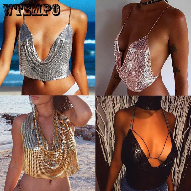 WTEMPO Party Metal Metallic Cropped Tops Women Beach Halter Corset Tops Glitter Night Club V-neck Sleeveless Tank Tops
