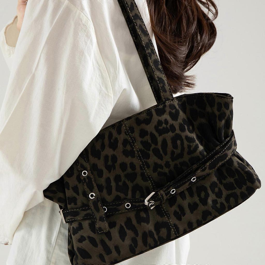Suedes Bag With Leopards Print Design Spacious Retro Shoulder Bags Underarm Purse Handbag For Women Work Commute Green