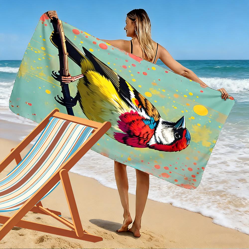 Colorful Bird Illustration on Branch Beach towel quick-drying for travel outdoor sports jogging beach and swimming