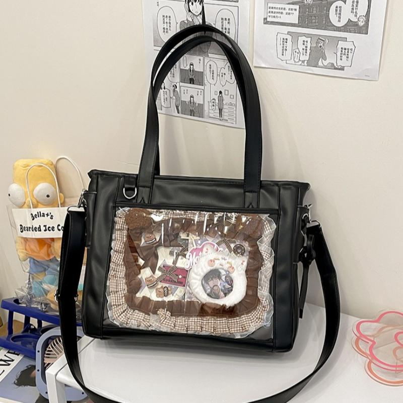 Y2K PU Large Ita Bag with Insert Women High Quality Big Clear Window Shoulder Bag Anime Pin Display Girl Bow Handbags