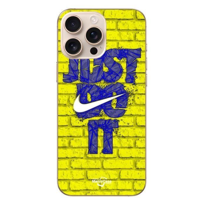 Coque Iphone 16 Pro Max logo just do it couleur bleu front jaune Maniacase