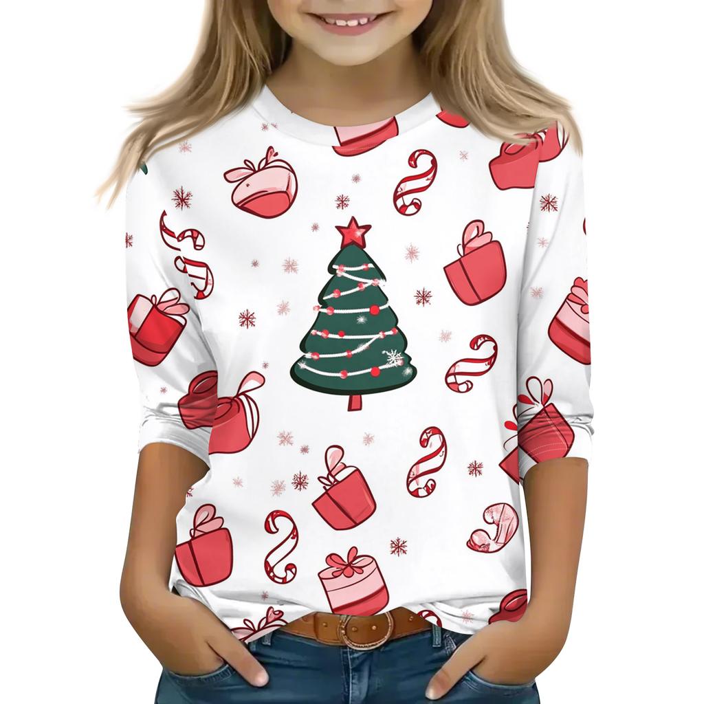 Рождественские топы с принтом для девочек-подростков 5-16 лет, футболки с круглым вырезом и рукавами 3/4, модные топы, нарядные футболки