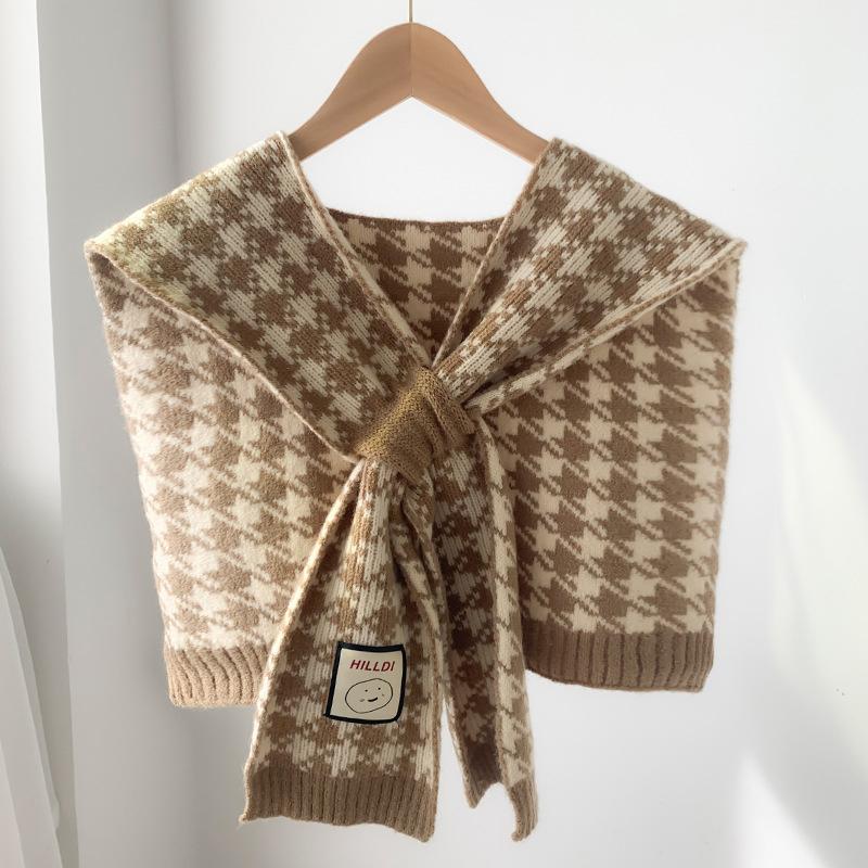 Korean Style Wool Knitted Warm Shawl Winter Blouse Shoulder Fake Collar Cloak Knitted Scarf Houndstooth Neck Scarf