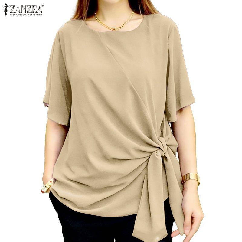 Zanzea Round Women Neck Casual Summer Short Sleeve Blouse