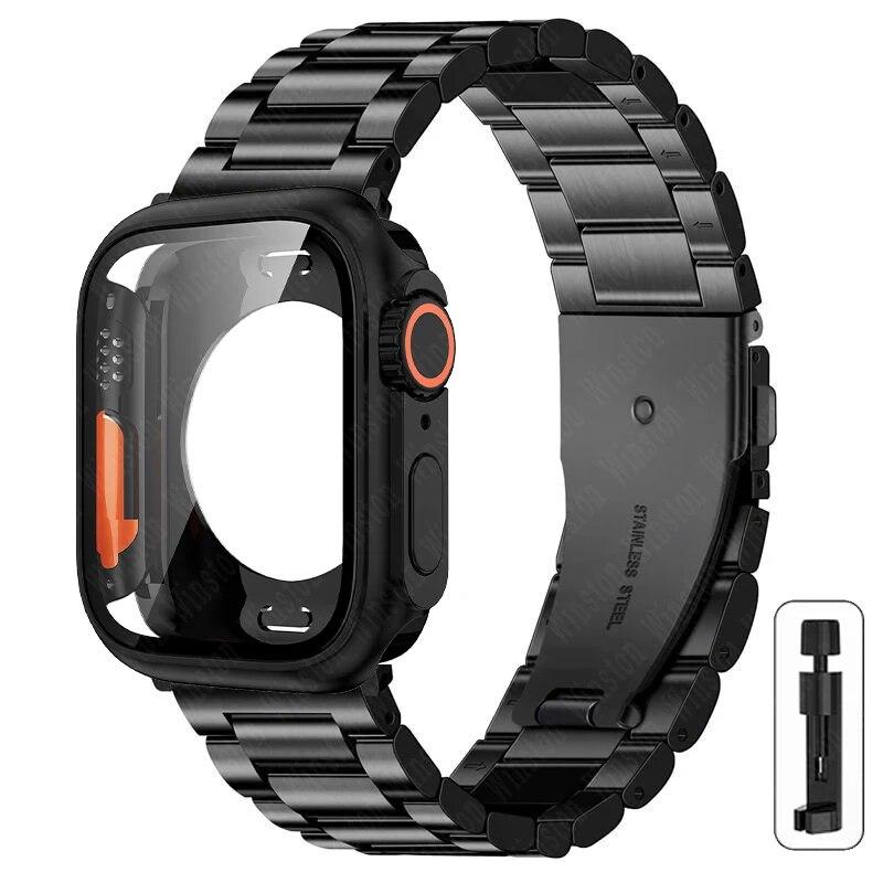 Ремешок+корпус из нержавеющей стали для Apple Watch 44мм 45мм 41мм 40мм Улучшенный ТПУ корпус Iwatch Series 9 8 7 6 SE 5 4 Металлический браслет