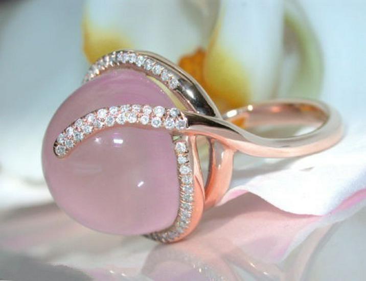 Zhenrong 14K Rose Gold Pink Crystal Moonstone Diamond Ring, European & American Creative Design.