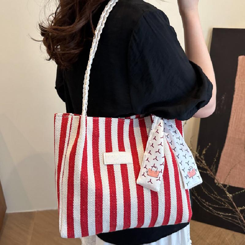 Fashion Letter Decoration Striped Pattern Woven Shoulder Strap Women Tote Bag For Commuting