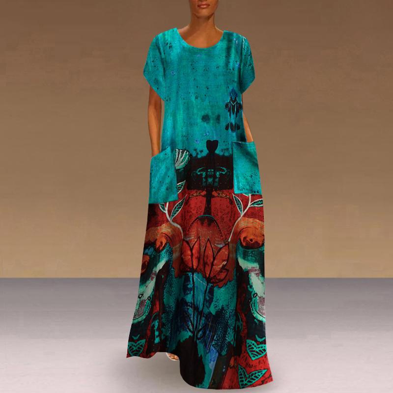 Women Spring Summer National Style Bohemian Long Dress Straight O-Neck Short Sleeve Loose Waist Print Pocket