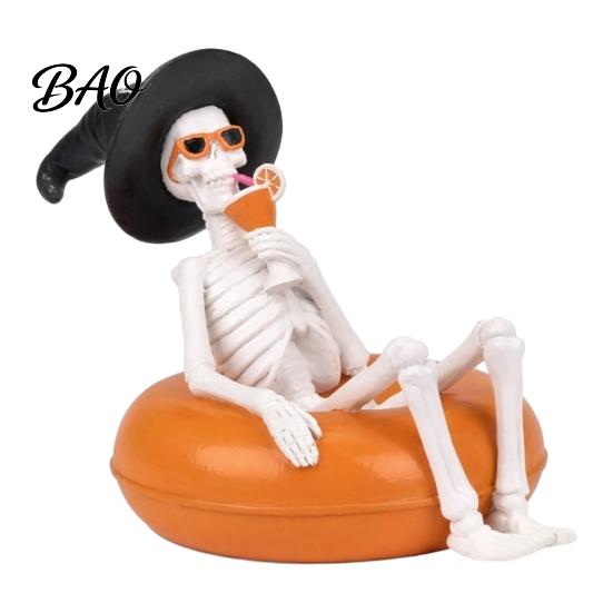 Bright Color Halloween Item Ornament, Creative Resin Decor Statues, Float Ring Skeleton Ghost Figurines, Holiday Home Pool Party Scene Decorations,