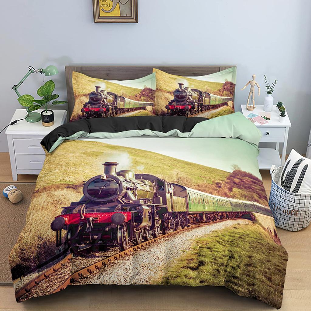 Красно-серый паровой двигатель пододеяльник локомотив красно-черный поезд на стальных железнодорожных путях путешествие приключения графическое украшение спальни