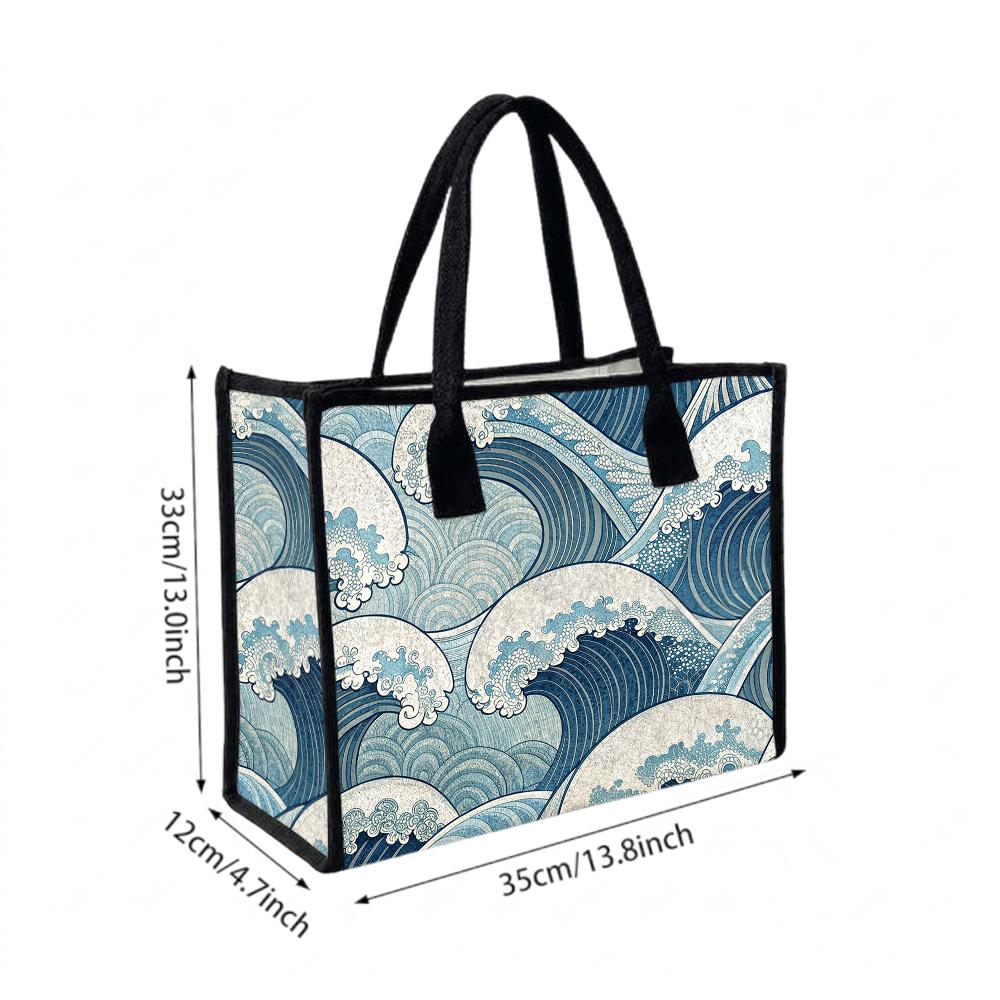 Vintage Wave Print Casual Tote Bag Daily Use Shoulder Bag Stylish Handbag for Women Outdoor Travel Commute Bag