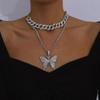 Jwer Big Butterfly Necklace For Women Cuban Double Layer Chain Rhinestone Choker Statement Necklace Luxury Exaggerate Jewelry