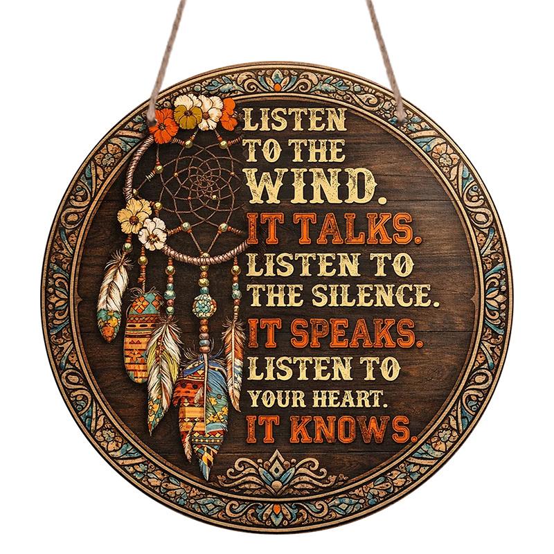 2D Flat - 1pc Round Aluminum Sign | Bohemian Indian Feather Art Wall Decor And Inspirational Quote, Suitable For Living Room, Bedroom, Study, Office