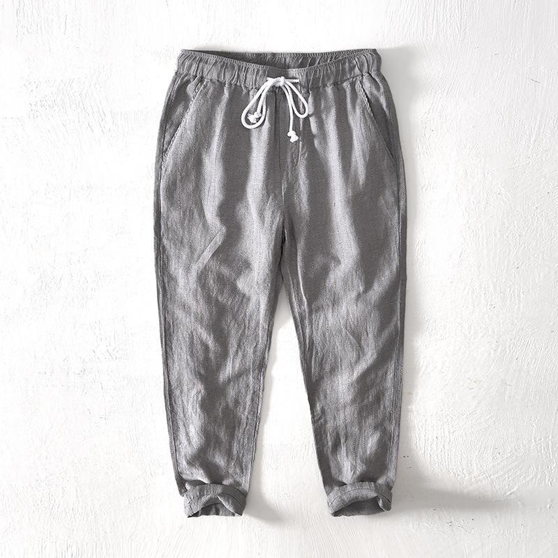 Летние хлопковые льняные мужские брюки, узкие брюки с эластичной талией и завязками на шнурке, повседневные дышащие модные полосатые мужские брюки