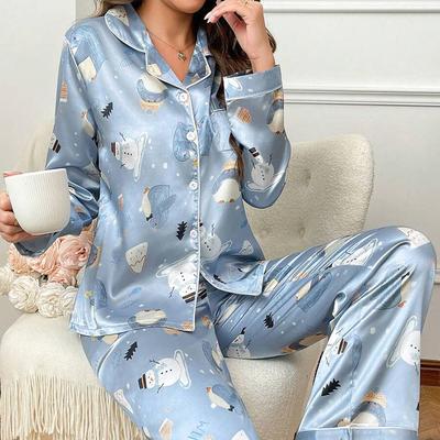 Женский комплект одежды для сна весна-осень атласный топ с длинными рукавами и длинными брюками комплект из двух предметов повседневная домашняя одежда повседневный комплект одежды