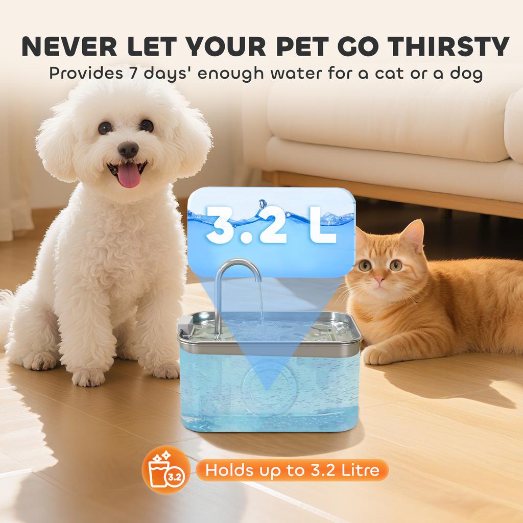 3.2 L Cat Water Fountain For Drinking Cat Fountain Stainless Steel With Visible Water Level Window Ultra Silent Pump