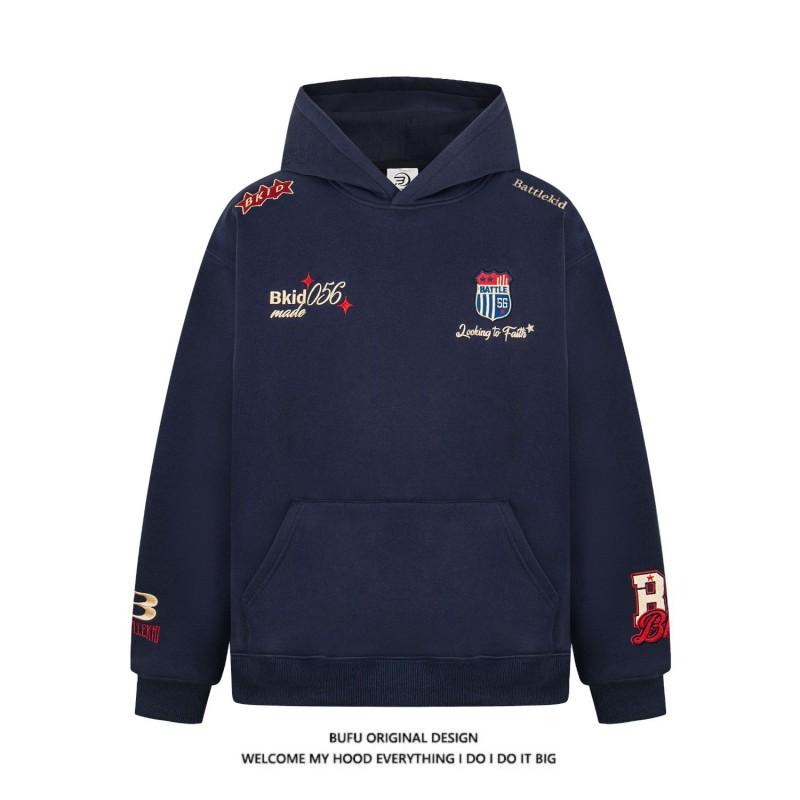 Womens Vintage Badge Embroidery Hoodie Loose Fit Streetwear Black Pullover
