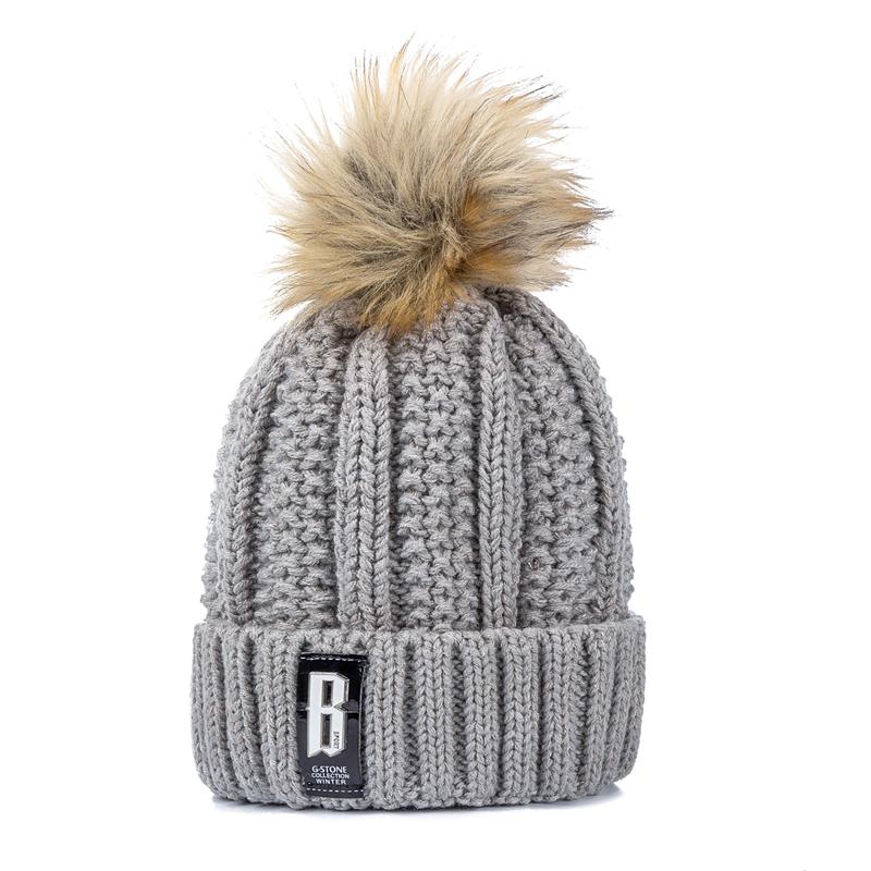 High Quality Letter B Cotton Beanies Wool Fur Pompom Winter Hat For Women Girls Warm Knitted Hat