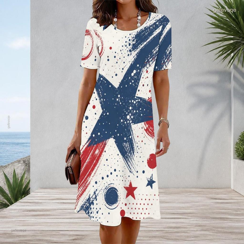 Women Plus Size Round Neck Short Sleeve Star Printed A Line Dress Red White Blue