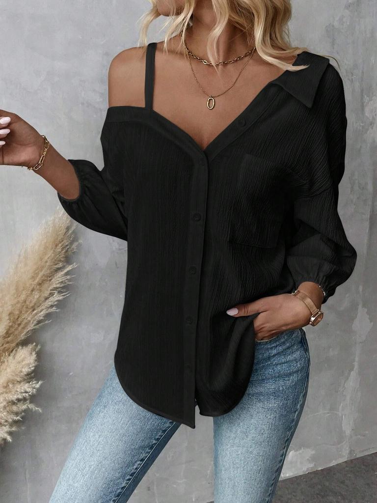 WX019423WMC 2025 Spring Women Textured Crinkle Off Shoulder Shirt Lapel Collar 3/4 Puff Sleeve Single Button Down Casual Blouse S-XL