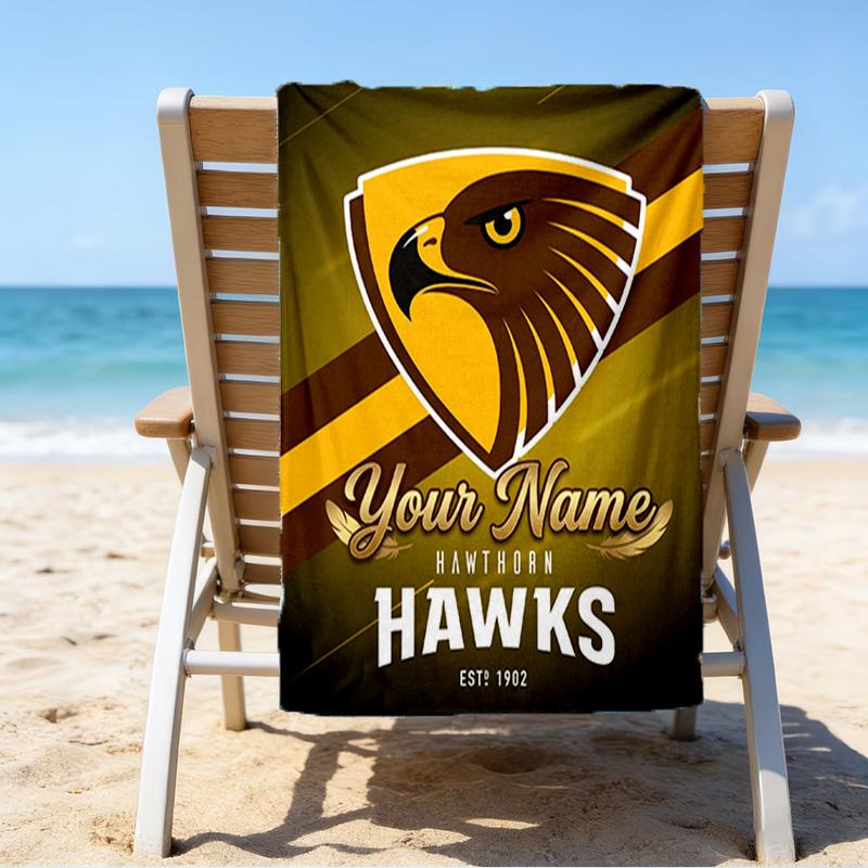 Custom Name Beach Towel Hawks Team Spirit Beach Towel, Soft Microfiber, Gift for Her/Him, Birthday, for Pool, Beach, Travel, Fan gifts