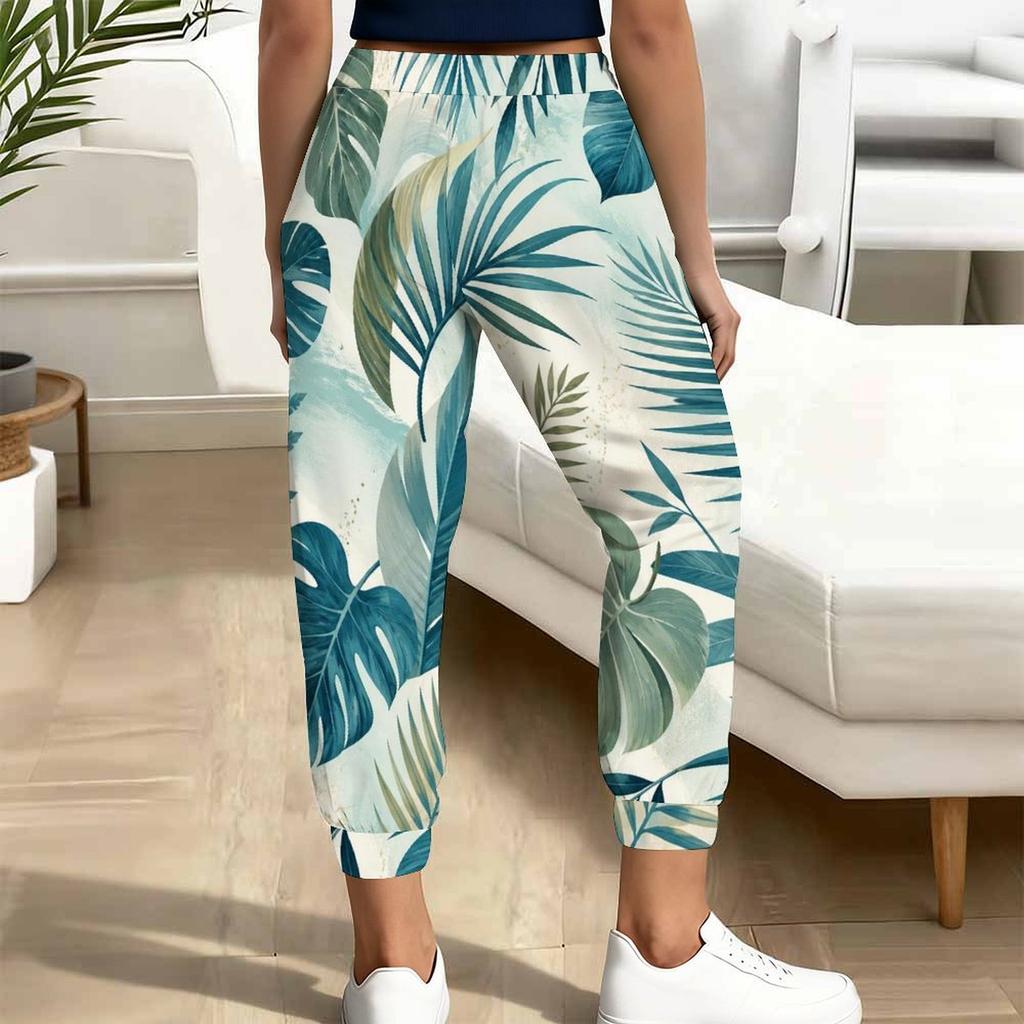 Women Plus Size Leaf Printed Jogger Pants Drawstring Waist Side Pockets Cuffed Ankle Casual Pants