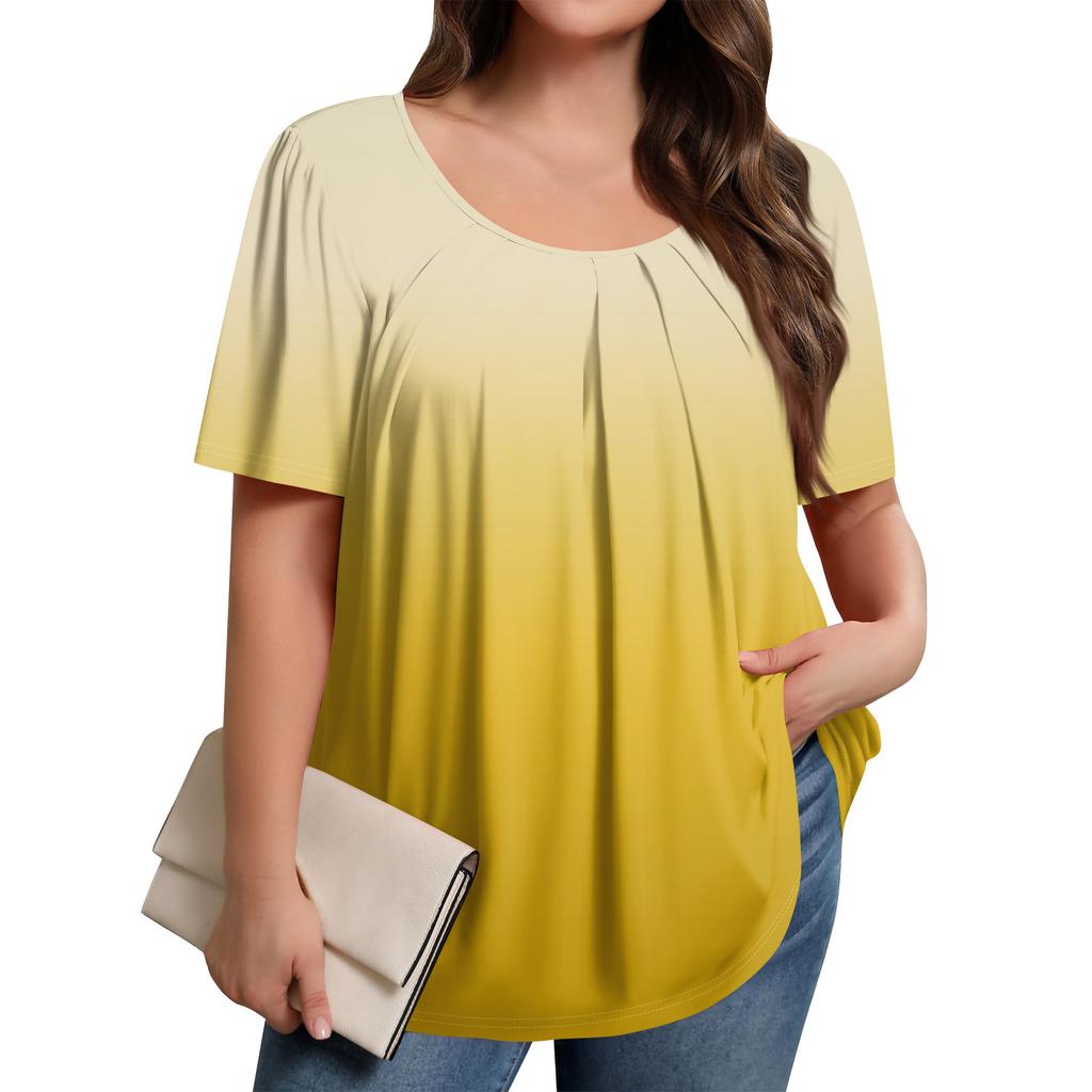Плюс Размер Женский Повседневный Круглый Вырез Плиссированный Короткий Рукав Однотонный Топ