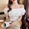 Women's Off-Shoulder Lace Patchwork Ruffle Knit Top - Summer Fashion Short-Sleeve