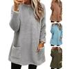 Lady Winter Sweatshirt with Dual Pockets Pure Color Plush Round Neck Loose