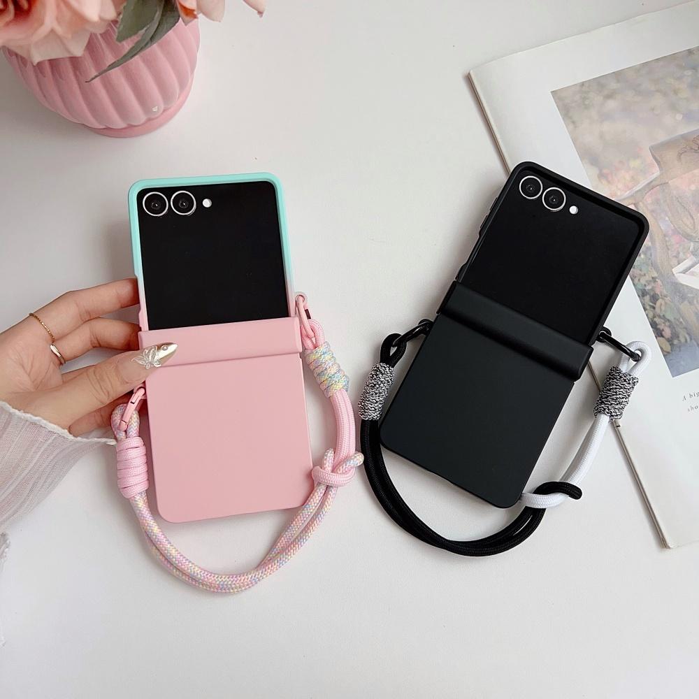 Double Color Contrast Lanyard Matte Case for Samsung Galaxy Z Flip 7 6 5 4 3 Zflip Hand Wrist Strap Bracket Stand Hard PC Cover