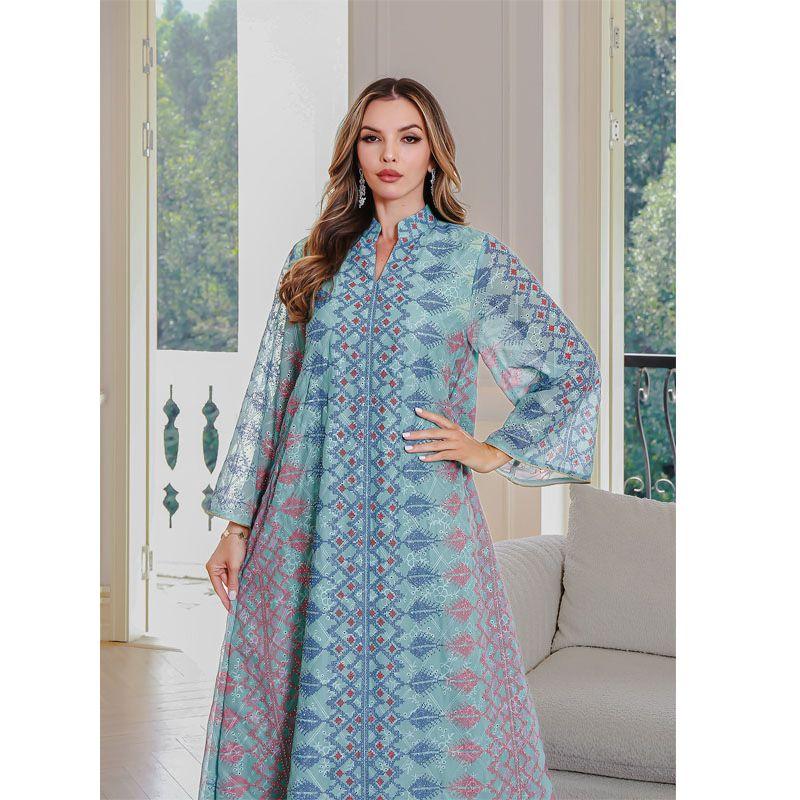 Indonesian Arab Cross-Border Embroidery Hot Drilling Robe Middle East Clothing Print Dress Dubai Women Clothes Dress