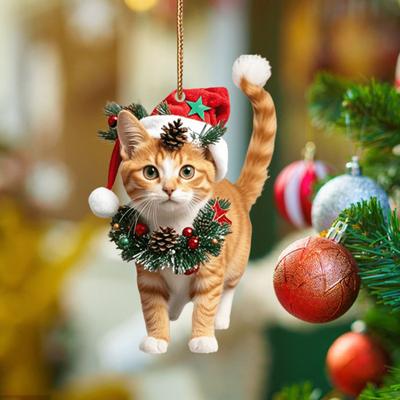 Подвеска Yousheng Christmas Cat, 2D акриловое подвесное украшение, шапка Санты, подвеска в виде кошки на зеркало заднего вида автомобиля, елочное украшение, подарок для любителей кошек