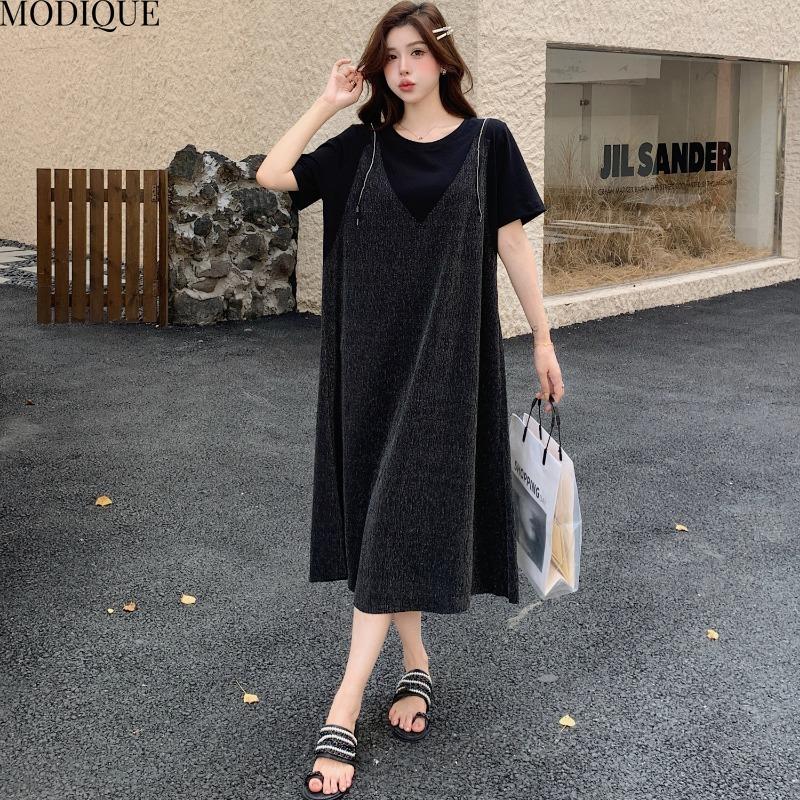 MODIQUE Лето Плюс Размер Новое Женское Свободное Элегантное Черное Золото Quicksand Fine Flash Silver Шелковое Вертикальное Длинное Платье Женские Платья С Коротким Рукавом и О-Образным Вырезом