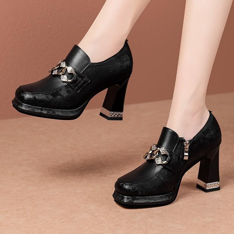 Модная женская обувь на толстом каблуке, весенняя, с квадратным носком, с глубоким вырезом, боковой молнией, металлической цепочкой, толстой подошвой, противоскользящая, износостойкая, на высоком каблуке