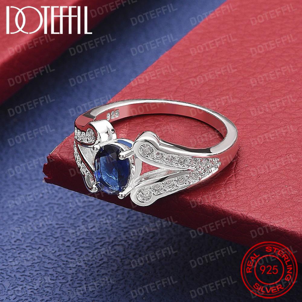 925 Sterling Silver Blue Crystal Ring for Women Man Fashion Wedding Engagement Party Charm Jewelry