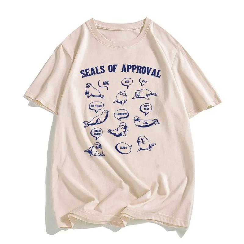 Seals of Approval Tee Sea Lion Cartoon Printing T-shirt Summer Short Sleeve Tshirts for Female Loose Kawaii Graphic Tops