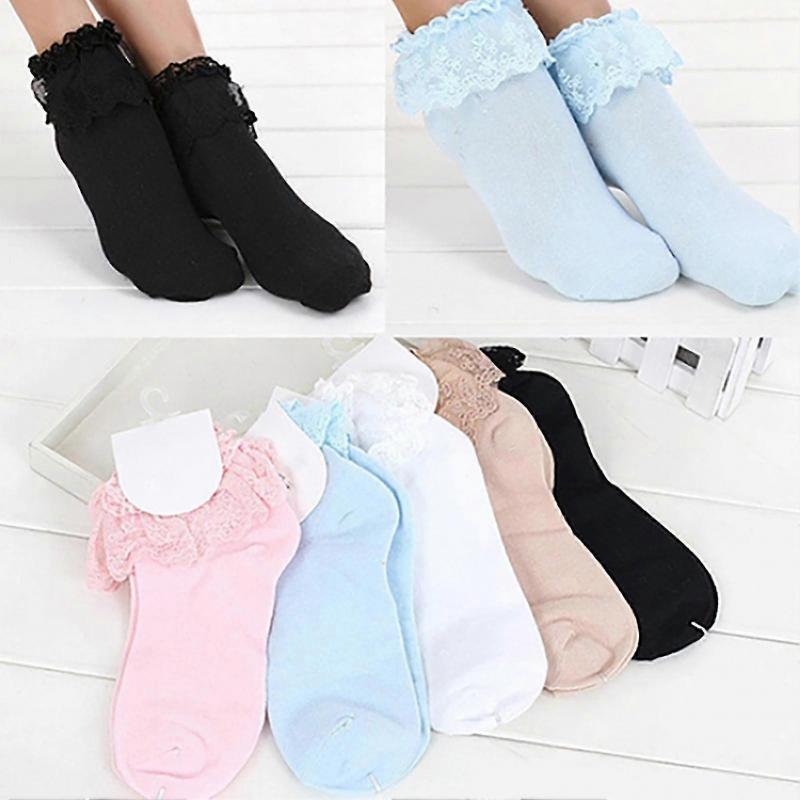 1 Pair Vintage Cotton Socks Lace Ruffle Frilly Ankle Princess Socks For Spring Summer Daily Life a
