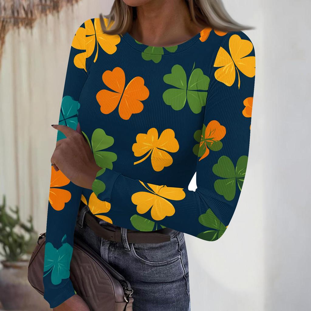 Women's Casual Fashion Round Neck St. Patrick's Day Print Long Sleeve Ribbed Top