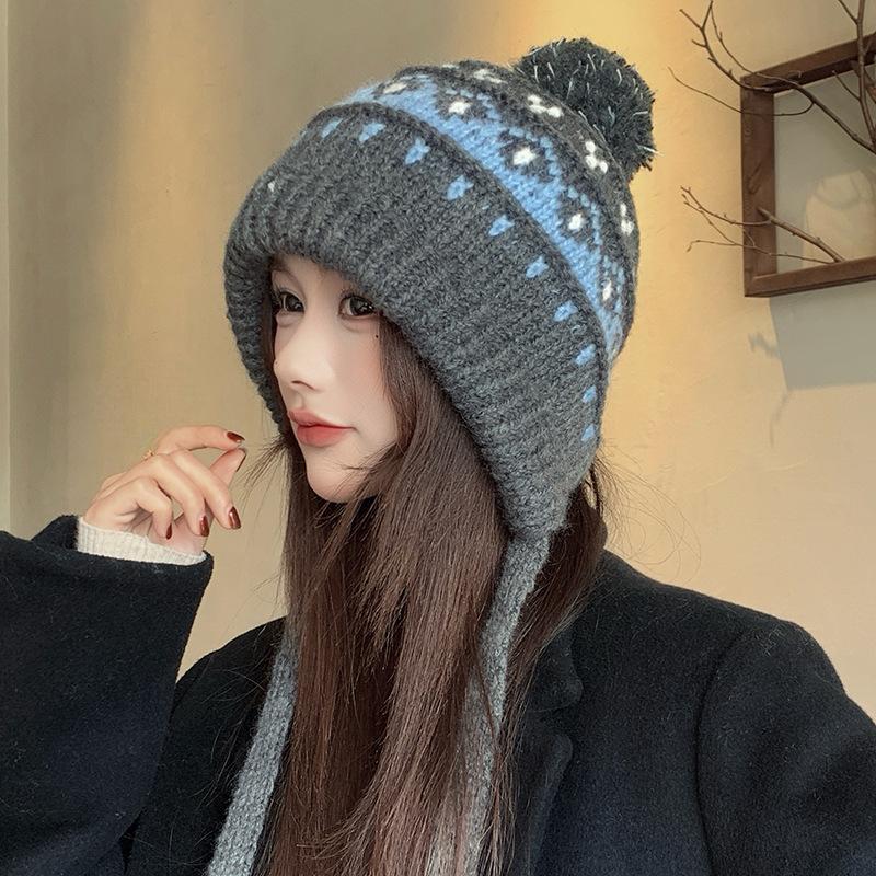 Fair Island hat women's autumn and winter big head circumference knitted hat retro balaclava hat thermal ear protector wool hat
