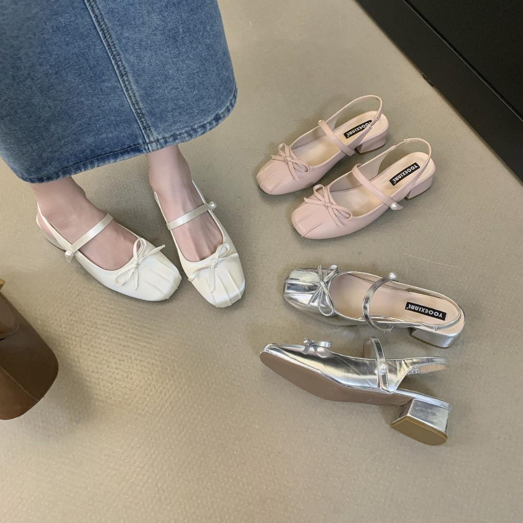 2025 New Summer One-word with Bow Thick Middle Heel Outer Wear Folds Evening Niche Mary Jane Women's Single Shoes