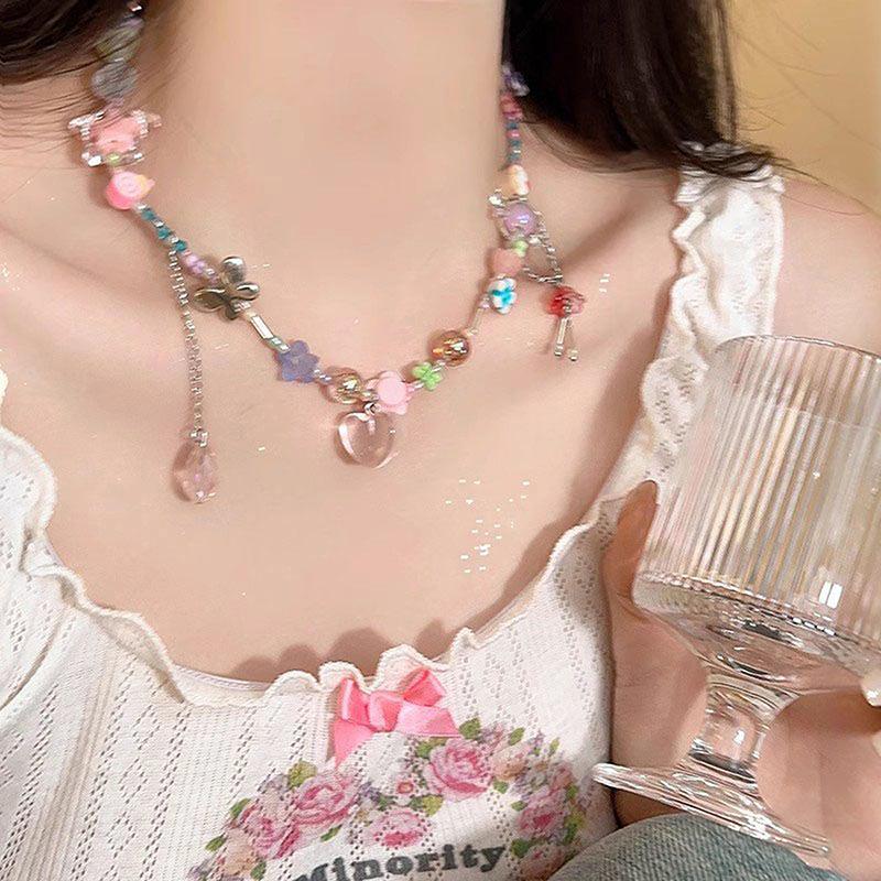 Y2K Сердце Бабочка Подвеска Чокер Ожерелье Цветной Бисер Ключичная Цепочка Для Женщин Девочек Панк Милая Эстетическая Украшения Для Вечеринки